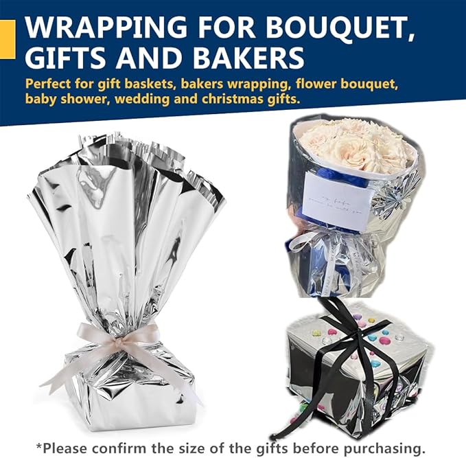 PerkHomy Colored Cellophane Wrap Roll 16" x 100' 3 Mil Thick Cellophane For Gift Basket Treats Goodie Wrapping Craft Flower Bouquet Plastic (Silver, 100ft (16in Width))