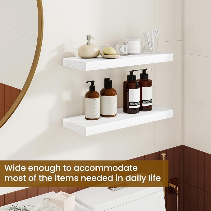 Dreamland Floating Shelves, 20Inch Rustic Wooden White Wall Shelves for Bathroom|Bedroom|Kitchen, Deep Wall Mounted Book Shelf, Wood Storage Display Shelf for Home Decor, Set of 2