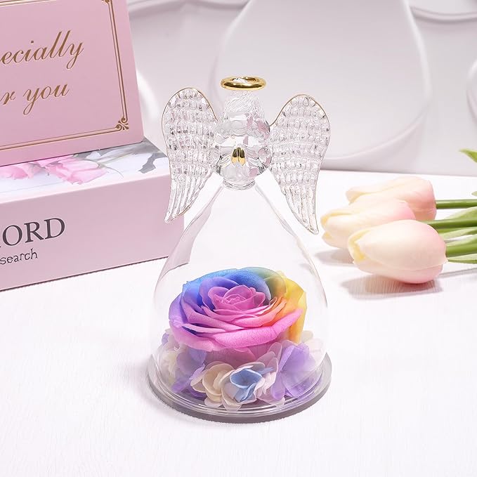 Yamonic Mom for Mom Grandma, Angel Figurines with Real Rose Birthday Gifts for Moms Women, Preserved Rose Flower Angel Figurines for Mothers Day Valentine's Day Gifts for Her(Rainbow)