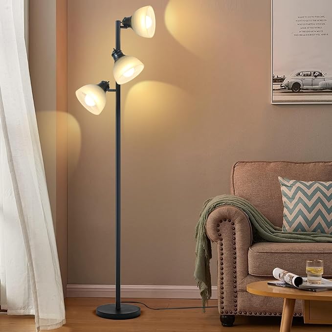 3 Light Tree Floor Lamp with Glass Shades, 3 Bulbs Included, Adjustable Black Industrial Standing Lamp for Living Room, Bedroom, Office, E26, Weighted Base