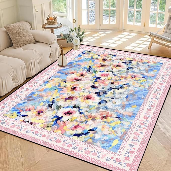Floral Oil Painting Area Rug Watercolor Flower Print Rugs for Entryway Bedroom Living Room Nursery Kitchen Playroom Home Decor Washable Low Pile Floor Mat Carpet,4'x6'