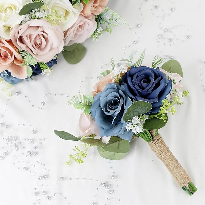 Set of 4 Bridesmaid Bouquets for Wedding - 7 Inch Artificial Flowers Bouquets for Ceremony Anniversary Centerpieces Decorations - Navy & Dusty