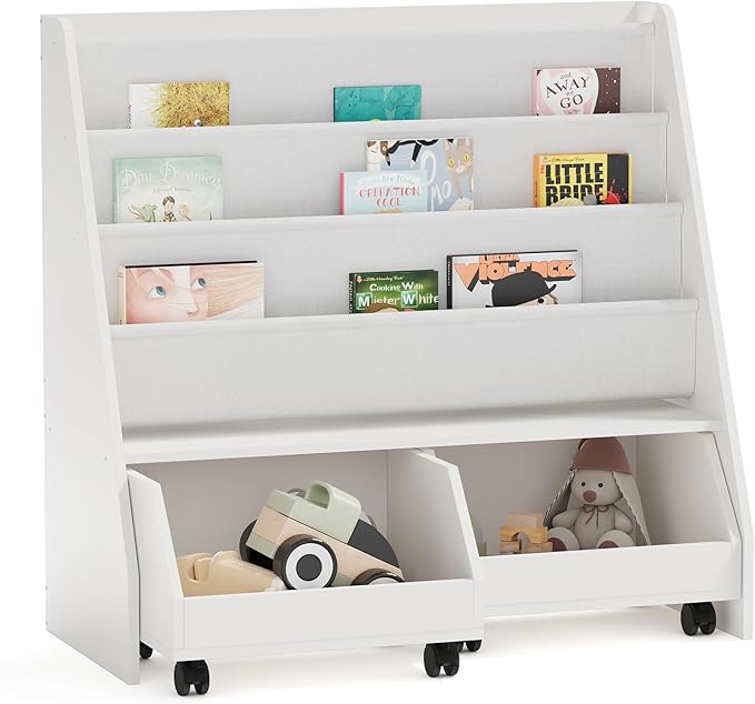NACHES Kids Bookshelf,Toddler Bookcase Toy Bin with 2 Drawers 3 Sling Pockets –Children Bookshelf with Storage for Bedroom,Nursery or Playroom FSC Wood,Trapezoid 35" W, White (2 Movable Drawer)