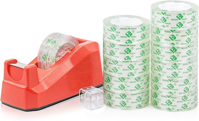BOMEI PACK Cute Red Desk Tape Dispensers, 1 Pack with 12Rolls Transparent Tape, 1 Inch Core, for School, Office and Home DIY