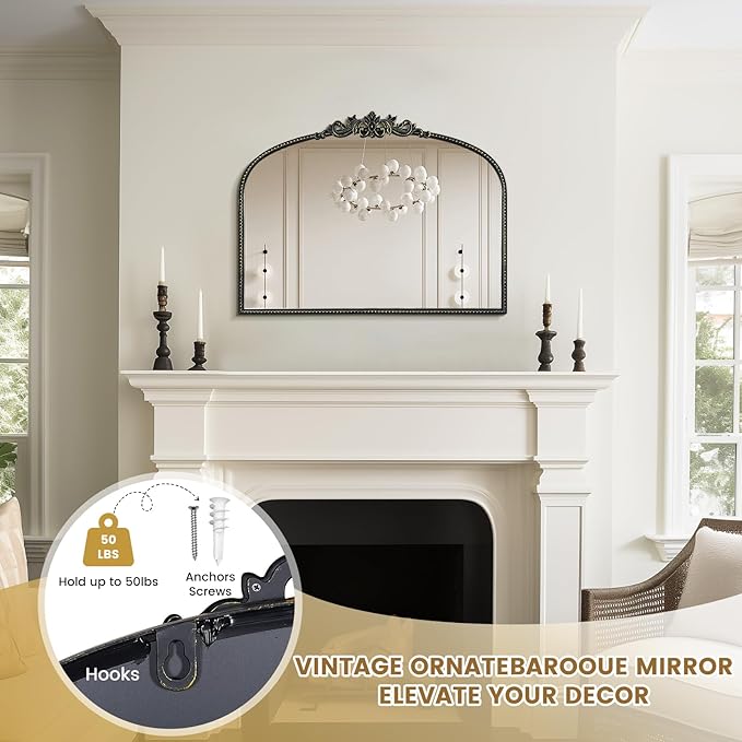 WallBeyond Black Vintage Mirror for Vanity 32x24 Inch, Black Antique Mirror with Ornate Frame, Arched Vintage Wall for Bathroom, Living Room, Fireplace, Entryway