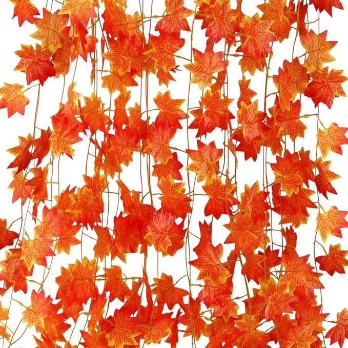 Fall Garland Maple Leaf, Hanging Vine Garlands Artificial Autumn Foliage Garland Thanksgiving Decor for Home Wedding Fireplace Party Christmas (Maple/12 Strands)
