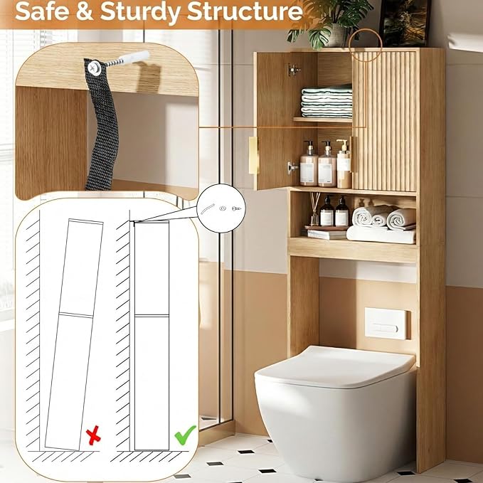 VINGLI Over The Toilet Storage Cabinet with Fluted Doors, Mid Century Modern Bathroom Organizer Over Toilet, Freestanding Wooden Space Saver Stand with Adjustable Shelves, Natural Oak