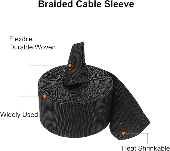 MECCANIXITY Braided Cable Sleeves Heat Shrinkable Fabric Sleeving, 1 1/4" 16ft Black 2:1 Ratio Heat Shrinkable Cord Protector for Harness Cable, Network Cable Protection, Cable Management