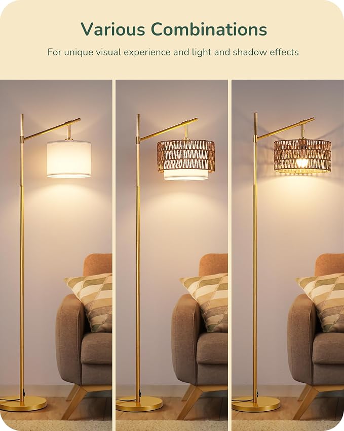 EDISHINE Rattan Arc Floor Lamp with Remote, Gold Farmhouse Standing Lamps for Living Room, Rattan & Fabric Dual Shades, Dimmable LED Bulb, Foot Switch, Adjustable Head Boho Lamp for Bedroom, Nursery