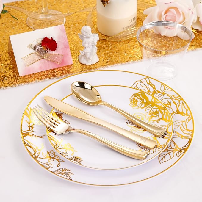DaYammi 210Pcs White Gold Plastic Plates for Party,Gold Disposable Dinnerware Set Includes 60 gold floral plates,30 plastic Silverware,30 Per Rolled Napkins,30 Plastic Cups for Christmas Party Wedding