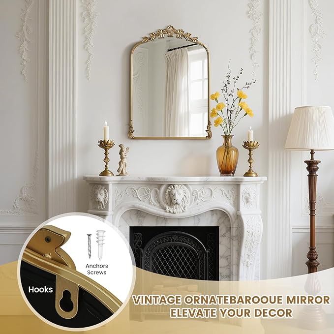WallBeyond Gold Antique Mirror for Vanity 22x30 Inch, Gold Vintage Mirror with Ornate Frame, Arched Vintage Wall for Bathroom, Living Room, Fireplace