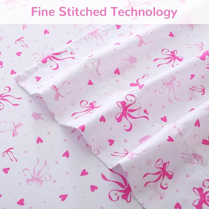 Viviland 4 Pieces Girls Pink Full Sheet Set - Soft Microfiber Fitted Flat Sheets & Pillowcases - Pink Bow Print Bedding Sets- for Kids & Toddlers