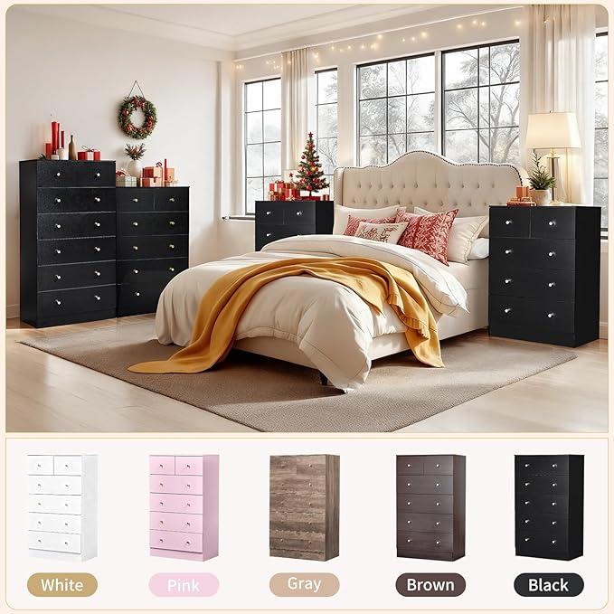 Karl home Black 6 Drawer Dresser for Bedroom, Modern Wood Dresser Chest of Drawers, Pink Bedroom Dressers for Girls, Anti-Tipping Device, Rose Gold Metal Handle, Living Room, Entryway, Hallway, Office