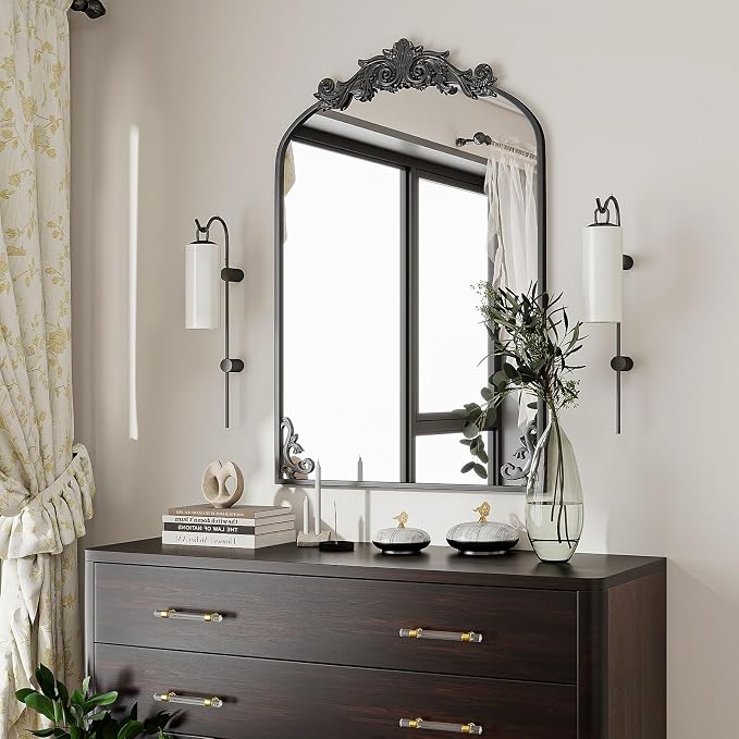 VooBang 24x36 inch Vintage Arched Bathroom Mirror - Gorgeous Wall Vanity Mirror with Beautiful Retro Top and Bottom Engraving Process Frame for Entryway Hallway Living Room, Black