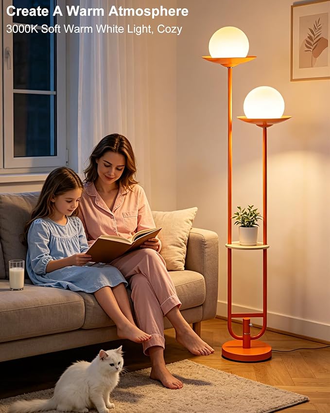 63IN Globe Floor Lamp with Shelf 2-Lights Modern Dimmable Floor Lamps with 3000K Soft Warm White Bulbs for Wedding/Party, Orange Tall Standing Lamp for Living Room/Bedroom/Home Office