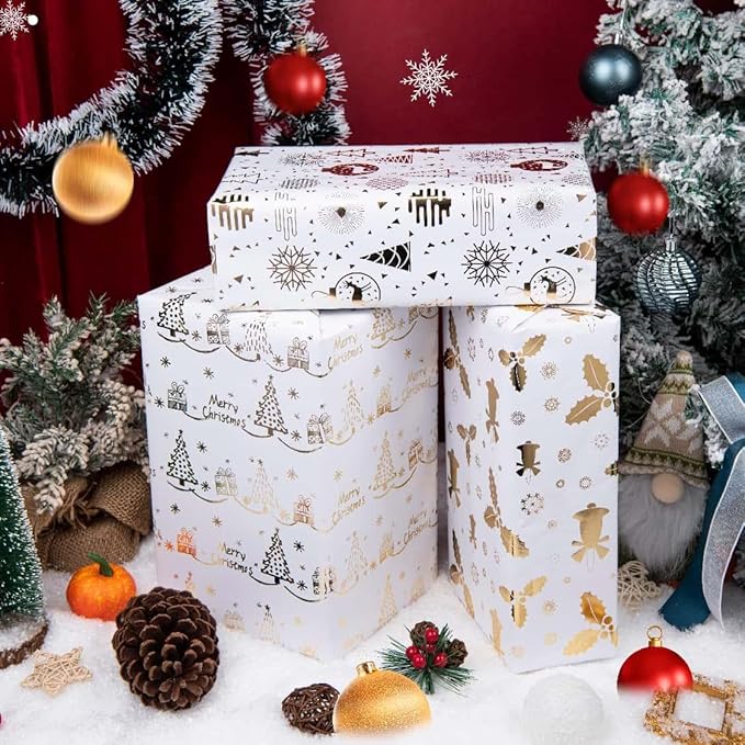 Linnoptimix Christmas Wrapping Paper Rolls -3 LARGE ROLL-27inch*78 inch per roll Colorful Foil White Gold wrapping paper(Christmas 3 White/Gold（002）)