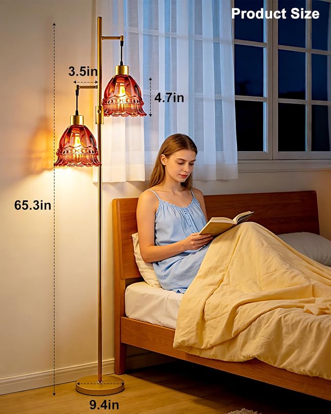 Lightdot 65IN Glass Floor Lamp for Living Room, 2- Light Gold Flower Floor Lamps with Rose Red Glass Lampshade,3000K Warm White Modern Standing Tall Lamp with 5Lbs Heavy Base for Bedroom Corner