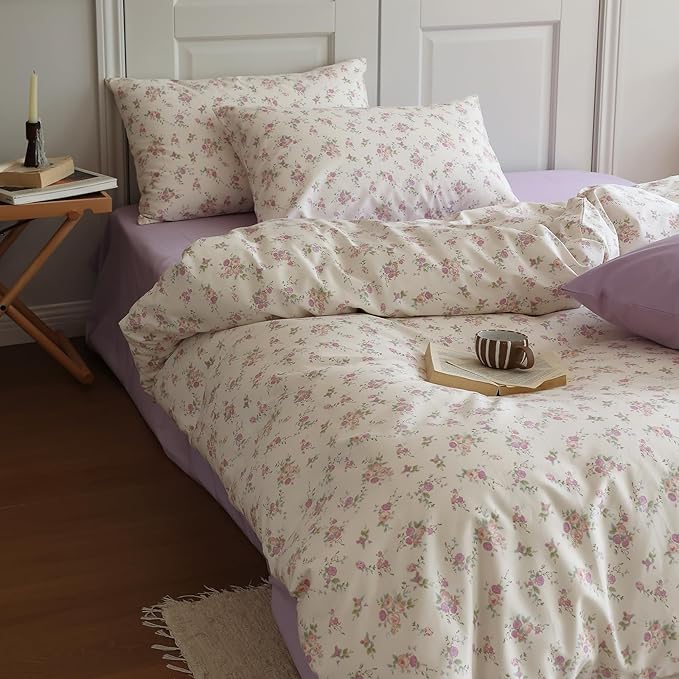 EAVD Vintage Style Pink Purple Floral Duvet Cover King Soft White Soft Cotton Chic Garden Floral Bedding Set with 2 Pillowcases Reversible Floral Print Comforter Cover with Zipper Closure