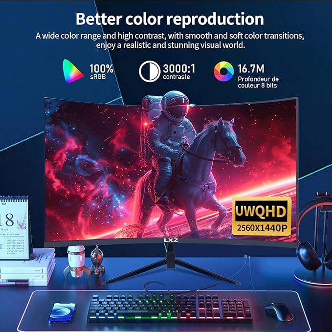 LXZ 32 Inch Curved Gaming Monitor, 165Hz 1800R QHD (2560x1440) 2K Computer Monitor with FreeSync, DP/HDMI, 122% sRGB Coverage, Wall Mountable, Eye Care for Home Office & Gaming