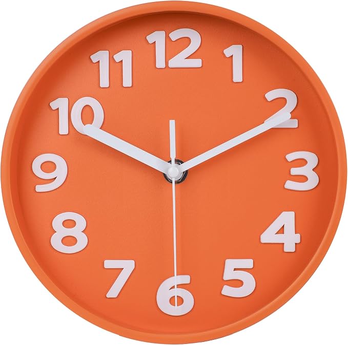 45MinST 8-Inch Orange Modern Wall Clock – Silent Non-Ticking, 3D Large Numbers, Accurate Timekeeping | Decorative Wall & Desk Clock with Stand for Living Room, Bedroom, Kitchen, or Office