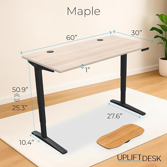 UPLIFTDESK V2 2-Leg Maple Laminate Wood Standing Desk – Adjustable Height, Advanced 1-Touch Memory Keypad, Under Desk Cable Management, Wire Grommets & Rocker Board (Black C-Frame, 60 x 30 inch)