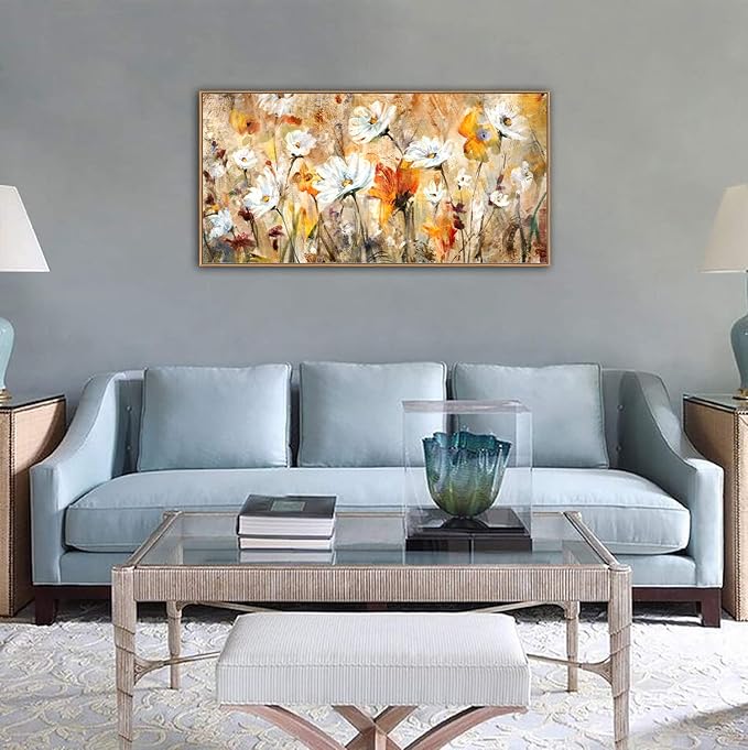 Framed Wall Art Wildflowers Canvas Wall Pictures Abstract Daisy Flowers Canvas Prints Orange Yellow Floral Landscape Painting Artwork for Living Room Bedroom Kitchen Home Office Decor 24"x 48"