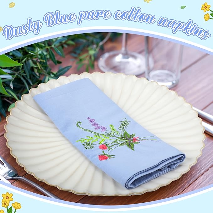 Tioncy 12 Pcs Christmas Floral Cloth Napkins Decorations Bulk Embroidered Wildflower Dinner Napkins Tea Cocktail Party Gifts Xmas Stocking Stuffers for Holiday Table Decor (Dusty Blue)