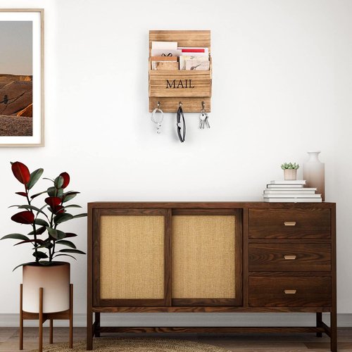 DLQuarts Mail Organizer - Wall-Mounted Wooden Mail Sorter with Key Holder & 3 Hooks | Carbonized Brown