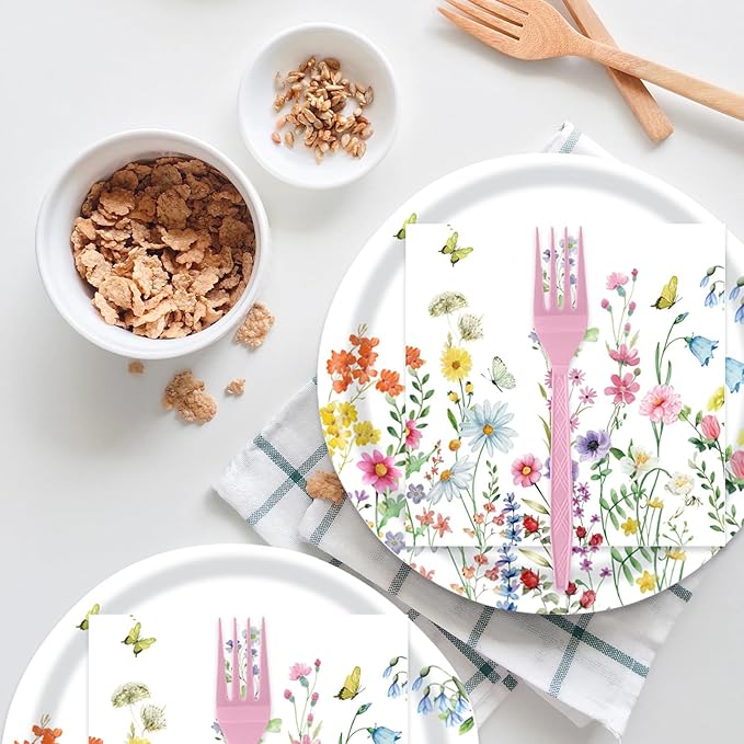72 Pcs Wildflower Paper Plates and Napkins Party Supplies, Floral Party Plates and Napkins Tableware Set for Spring Summer Picnic Wedding Birthday Baby Shower Tea Party Decorations Serves 24