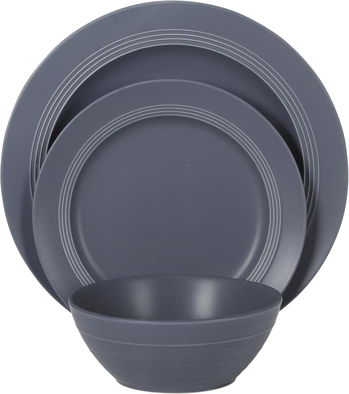 Gibson Elite Soleil 12 Piece Echo Blue Stoneware Dinnerware Set for 4, Plates and Bowls Set with Dinner Plates, Salad Plates and Bowls