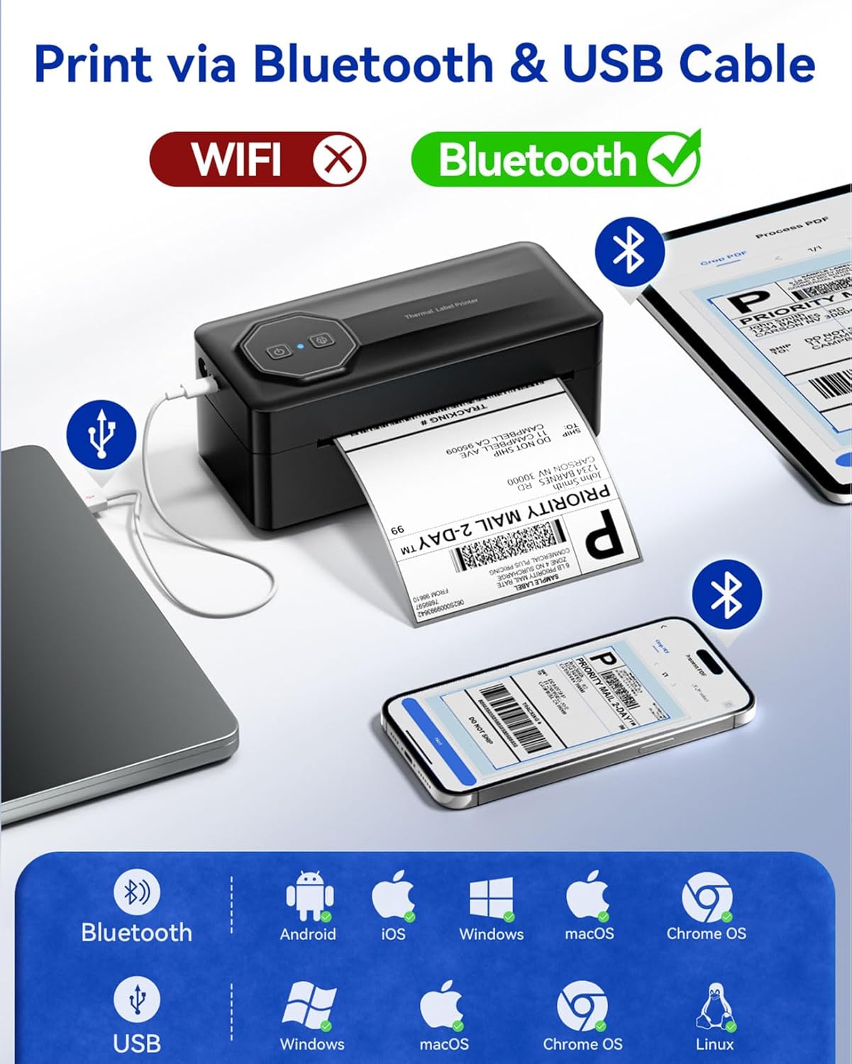 TATTMUSE Bluetooth Thermal Label Printer - Wireless 4x6 Shipping Solution for Small Businesses | Compatible with iPhone, Android, Windows, Mac, Black