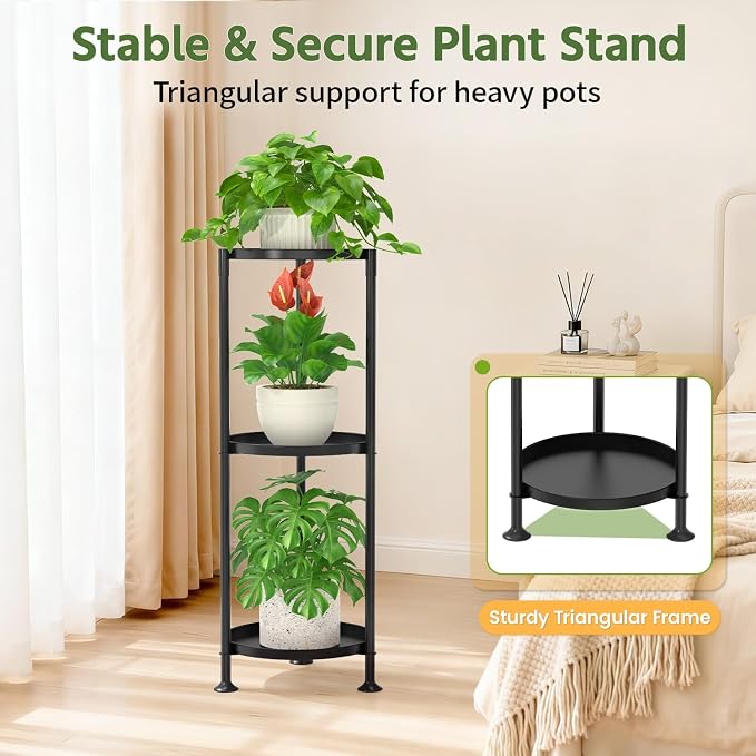 LASZOLA 3 Tier Plant Stand Indoor with Large Metal Tray, Corner Round Flower Holder Rack Tall Outdoor, Morden Planter Display Shelf for Patio Porch Garden Office Living Room, Black