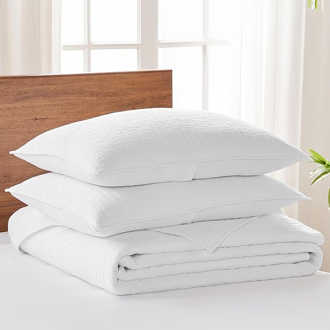 Levtex Home Cross Stitch Reversible King Bedspread Set (120x104in) with 2 Pillow Shams (36x20in) - Stitch Texture - Bright White - Cotton King Size Bedspread Set - Soft, Pre-Washed