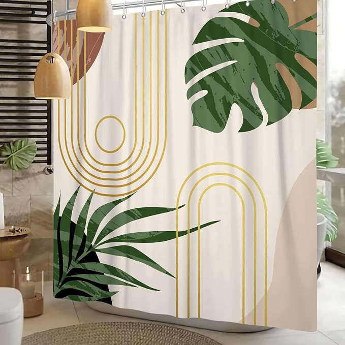Boho Sage Green Shower Curtain Bohemian Mid Century Geometric Abstract Curve Bathroom Curtain Palm Leaf Polyester Shower Curtain Sets for Bathroom Extra Long 69x70 in with 12 Hooks