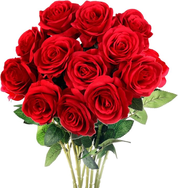 Mocoosy 12PCS Red Roses Artificial Flowers, Fake Roses with Long Stems Realistic Silk Rose Bouquets Wedding Centerpiece Decorations Faux Floral Arrangements Bridal Shower Party Home Office Table Decor