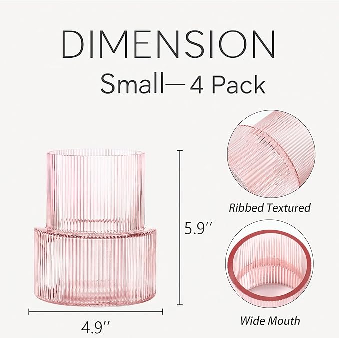 Ribbed Glass Vases, Set of 4 Small Vases for Flowers, Pink Glass Vase for Tulips, Modern Vase for Living Room, Kitchen, Office, Entryway, Bookshelf, Wedding Gifts, Birthday, 6 Inches