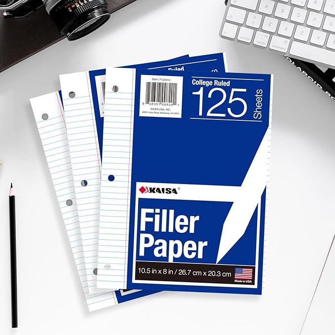 Kaisa Notebook Paper 24 Pack 8x10.5 College Ruled Loose Leaf Paper Filler Paper for 3-Ring Binder Paper 125 Sheets/Pack Notebook Paper 3-Hole Punched Lined Paper(24Pack-college)