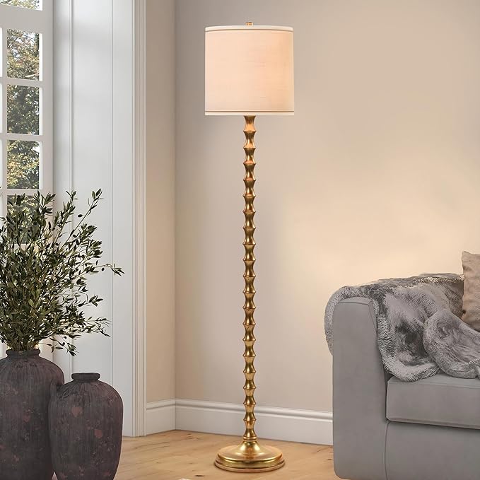 EUO 64.5" Gold Floor Lamp for Living Room, Gold Bamboo Floor Lamps for Bedroom, Tall Skinny Lamp for Home Decor, Mid Century Antique Floor Lamps with White Lampshade