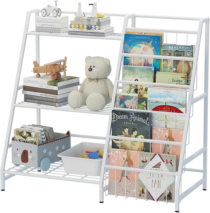 NACHES Kids Bookshelf & Toy Storage Organizer, 5-Tier Sling Pockets Toddler Bookcase with 4 Toy Bins for Playroom, Nursery & Kids Room (White)