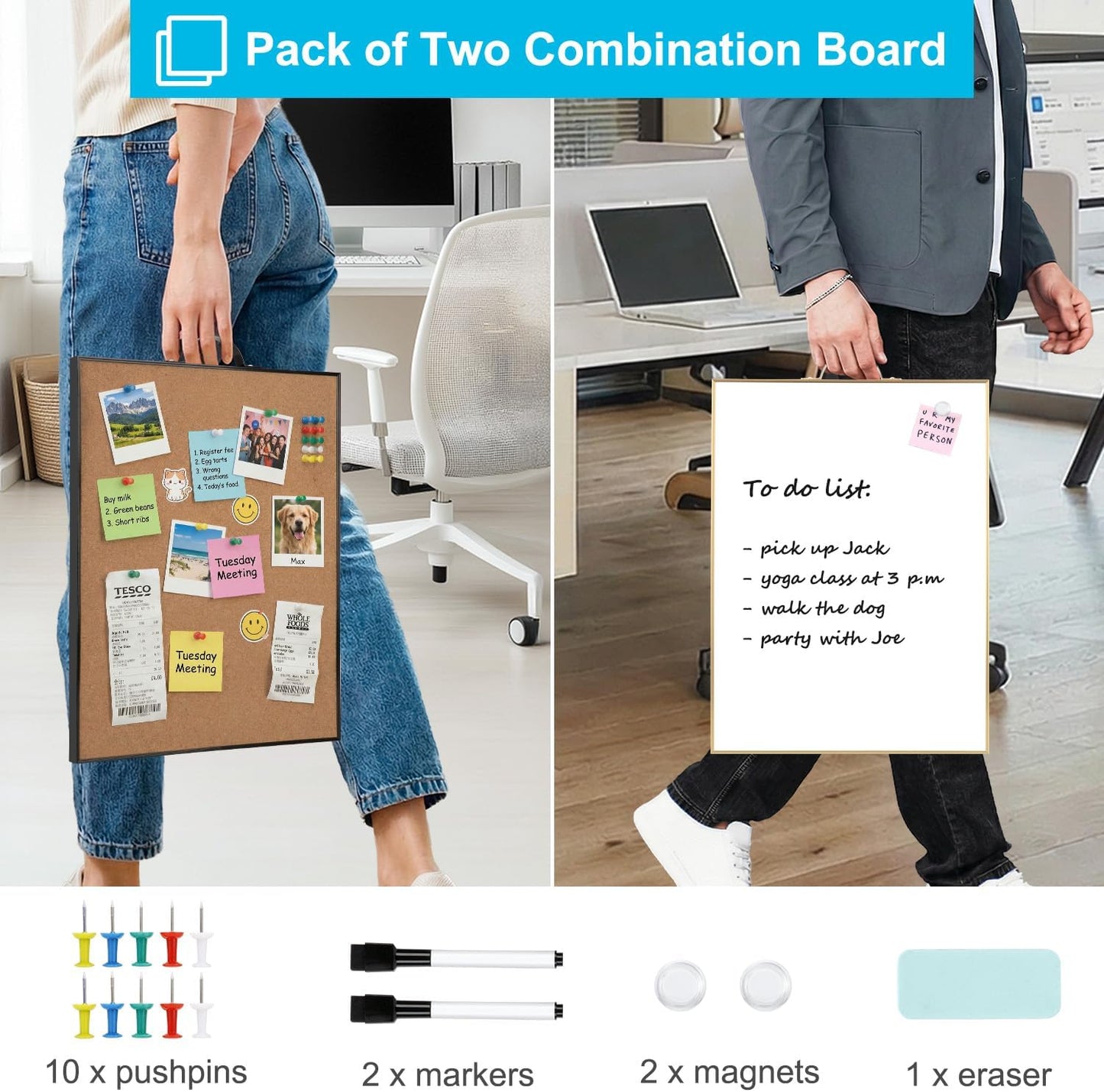 Small Cork Board Whiteboard Combination - 24” x 16” Magnetic Dry Erase & Corkboard with Portable Aluminum Frame
