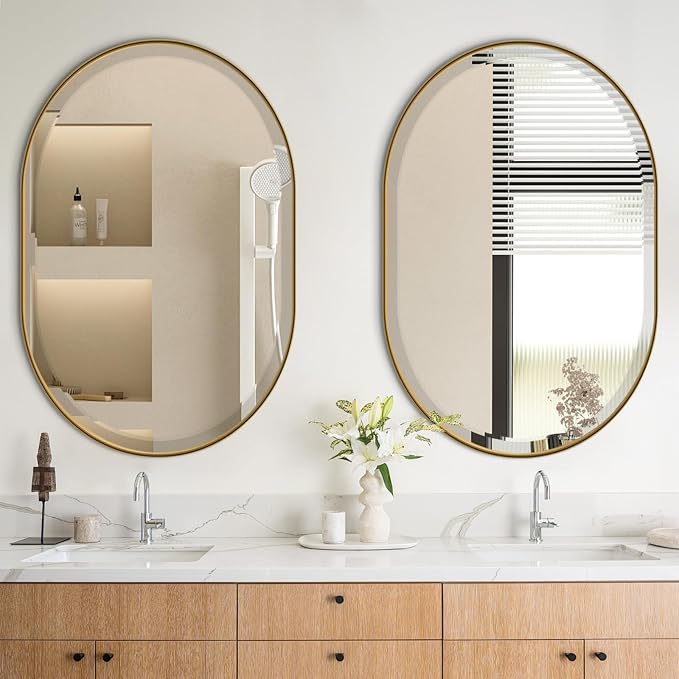 POZINO Beveled Bathroom Mirror, 24"x36" Brushed Gold Oval Vanity Mirror Over Sink, Pill Shaped Capsule Wall Mirrors for Bedroom Entryway Living Room, Hangs Vertically or Horizontally