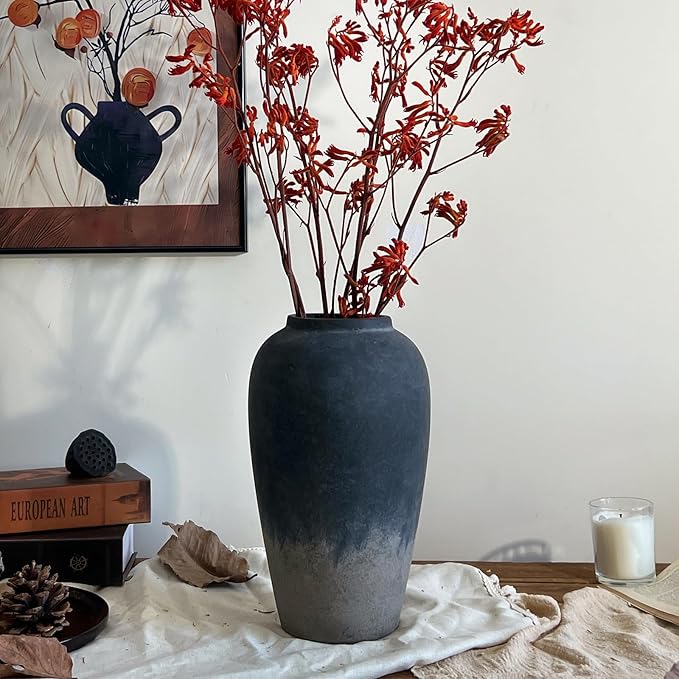 12 Inch Rustic Ceramic Vase, Black Flower Vases for Centerpieces, Farmhouse Decor for Living Room, Entryway & Kitchen, Vintage Pottery Vase for Wedding Gifts