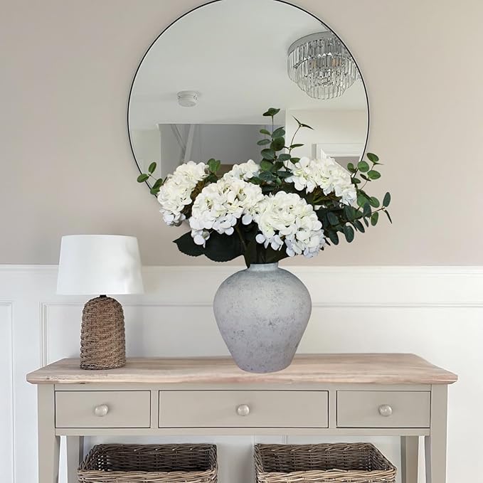 Real Touch White Faux Hydrangea And Eucalyptus Arrangement, Faux Floral Arrangements, Hyper Realistic Artificial Flowers, White Centerpieces For Kitchen Dining Coffee Table Decor, 5 Heads + Greenery