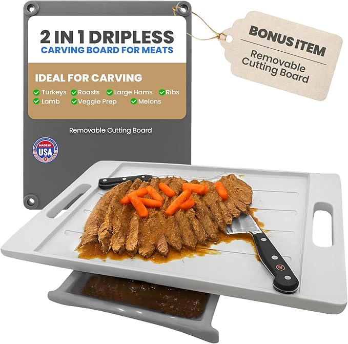 XL Meal Prep System Cutting Board - Large Cutting Board with Juice Groove, Spikes, Drip Tray & Removable Surface - Carving Board - BBQ Essential & Kitchen Gifts - BPA Free Cutting Board - Grey