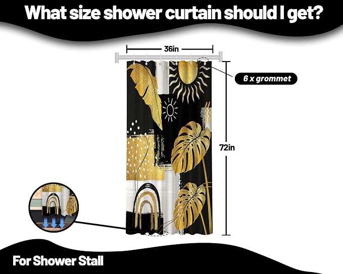 Small Stall Narrow Black and Gold Shower Curtain Boho Stand Up Abstract Dark Mens Shower Curtains for Rv Camper Bathroom Decor Sets, Waterproof Cloth Fabric with Hooks, 36 x 72 Inch