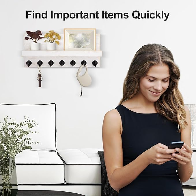 Lwenki Key Holder Wall Mount, Entryway Key and Mail Holder with 7 Sturdy Hooks for Sunglasses, Dog Leash, Decorative Wall Shelf with Mounting Hardware, 15”W x 6.7”H x 4.2”D