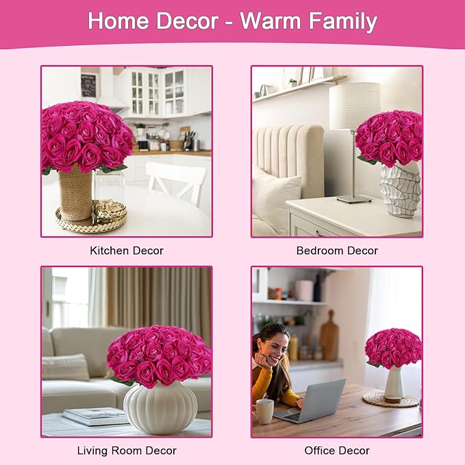 12Pcs Fuchsia Roses Artificial Flowers Fake Roses Faux Velvet Silk Flower for Home Wedding Decoration (Pearl Rose, Fuchsia)