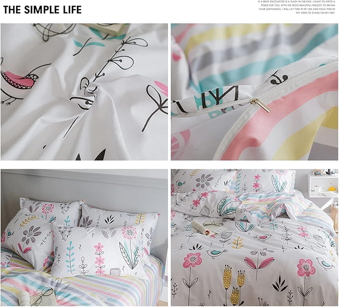 LifeTB Botanical Floral Duvet Cover Twin XL Girls Floral Print Bedding Sets Garden Style Aesthetic Duvet Cover 100% Cotton Flower Comforter Cover Kids Kawaii Bedding Cover Twin XL with 2 Pillowcases