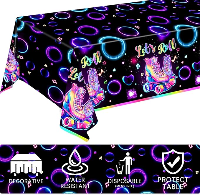 3 Pack Roller Skating Tablecloths, Roller Skating Party Decorations, Let’s Roll Tablecloth for Roller Skate Birthday Party Decorations, 54 x 108 Inch