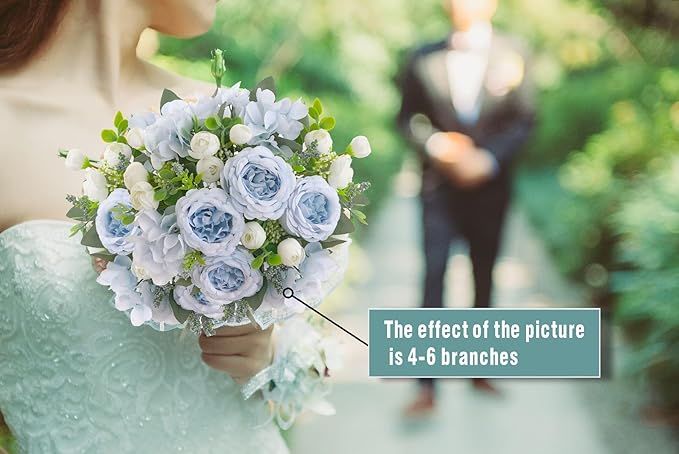 2 Bunches Artificial Peonies Flowers Silk Blue Peonies Fake Hydrangea Flowers Arrangements Table Centerpiece Faux Flores for Bridal Wedding Home Decor (2, Blue White)